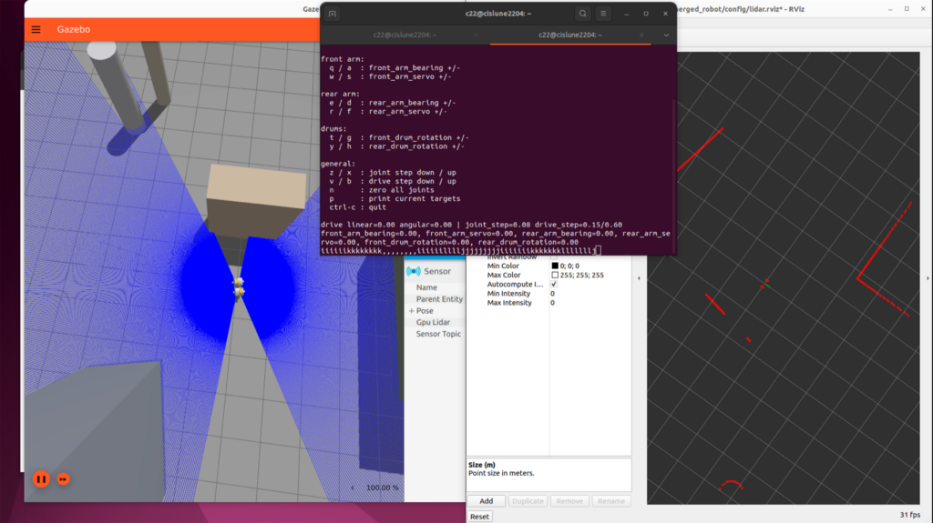 CARVE Gazebo simulation view for robotic surface operations